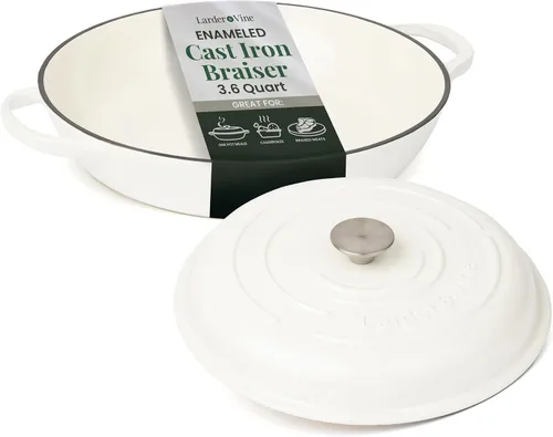 Miniatura 12 de Larder & Vine Brasera de Hierro Fundido Esmaltado Brasera de 3.6 qt con Tapa Horno Holandés Poco Profundo Compatible con Todas las Cocinas