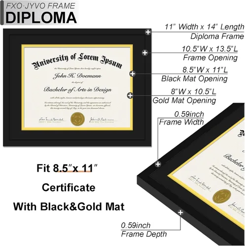 Miniatura 3 de Fxojyvo Marco de diploma negro 11x14, marco para documentos 8,5 x 11 con alfombrilla o 11 x 14 sin alfombrilla, marco para certificado