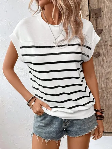 Miniatura 6 de Floerns Camiseta casual de manga casquillo con cuello redondo y estampado de rayas para mujer