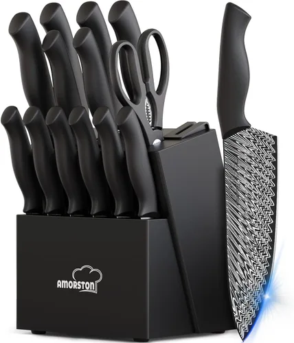 Juego de Cuchillos, Amorston 15 Piezas Juego de Cuchillos de Cocina con Afilador de Cuchillos Integrado, Juego de Bloque de Cuchillos de Acero