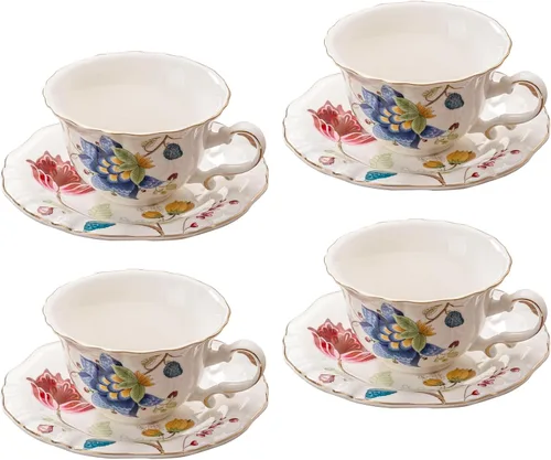 Juego de 4 tazas de té de cerámica, tazas de café y platillos (azul y rojo)