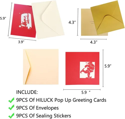 Miniatura 2 de Tarjetas de felicitación de Navidad 3D, 9 unidades, tarjetas emergentes hechas a mano con sobre, juego de 9, para Navidad, Año Nuevo, vacaciones
