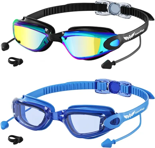 Miniatura 10 de Paquete de 2 gafas de natación sin fugas, antivaho y UV, gafas de natación para adultos, hombres y mujeres, lentes de policarbonato con espejo HD