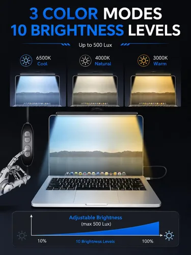 Miniatura 6 de Barra de luz para monitor de laptop, lámpara LED de lectura electrónica USB, 3 temperaturas de color ajustables, 10 niveles de brillo de atenuación
