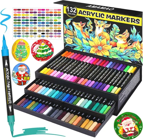 Amamao Juego de marcadores de pintura acrílica de 132 colores, paquete de 66 marcadores de pintura acrílica para pintura de rocas, tela, plástico,