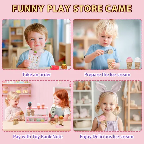 Miniatura 5 de ZJEFUNS Juguetes de Helado de Madera para Niños, Tienda de Helados de Juguete para Niños Pequeños, Comida de Simulación para Jugar, Servir con Rosa