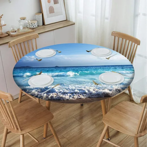 Miniatura 38 de Mantel con patrón de playa, borde elástico, impermeable, lavable, para uso en interiores y exteriores, patio, turquesa aguamarina, para mesas