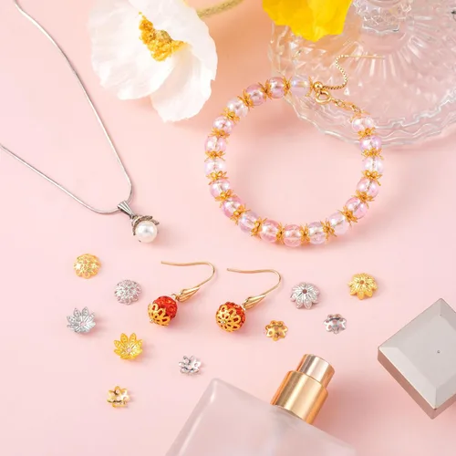 Miniatura 6 de HINZIC 600 cuentas de flores huecas de 0.315 y 0.394 pulgadas, 6 estilos de cuentas de filigrana para hacer joyas, cuentas espaciadoras doradas