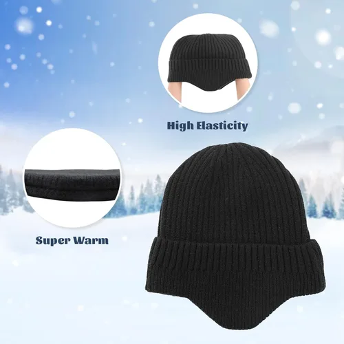 Miniatura 3 de POXIMI Gorro de punto para hombre, con orejera, para invierno, de lana, cálido, con calavera, con calentador de orejas