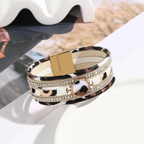 Miniatura 2 de Long tiantian Pulsera de leopardo para mujer, pulsera apilada con cierre multicapa de cuero bohemio con cristal de perla