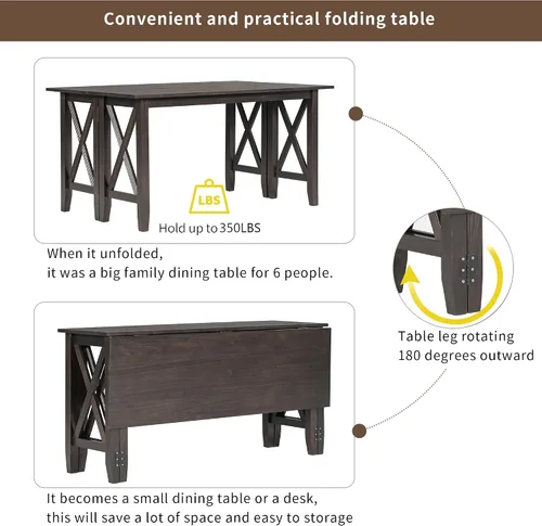Miniatura 3 de Merax Juego de mesa de comedor de 6 piezas, mesa plegable de madera de 60 pulgadas con 4 sillas tapizadas y banco, juego de mesa de comedor