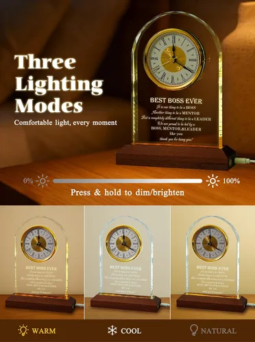 Miniatura 4 de Best Boss Ever Regalos para hombres y mujeres — Reloj de escritorio de cristal con base de luz de madera Apreciación del jefe y despedida