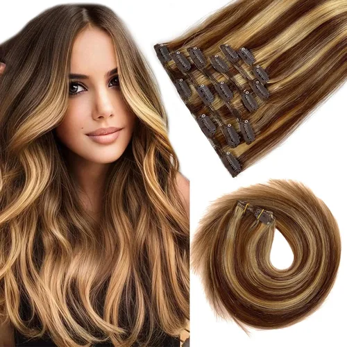 Miniatura 21 de Extensiones de cabello humano real con clip, de 12 pulgadas, para mujer, color rubio plateado, balayage, 2.47 oz, 7
