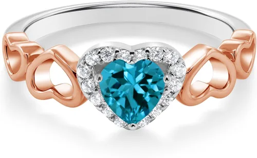 Miniatura 2 de Gem Stone King Anillo de plata de ley 925 de 2 tonos para mujer, topacio azul Londres, 0.71 quilates, forma de corazón (disponible 5, 6, 7, 8, 9)