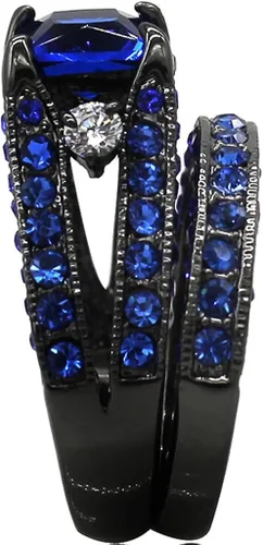 Miniatura 3 de Juego de anillos de matrimonio con circonias cúbicas de corte princesa de color azul y negro