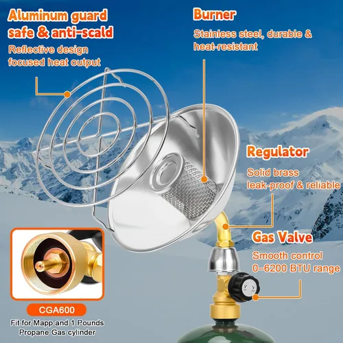 Miniatura 6 de Calentador de Propano Portátil para Acampar, Calentador de Patio para Espacios Pequeños al Aire Libre con Válvula de Control, Calentadores Radiantes