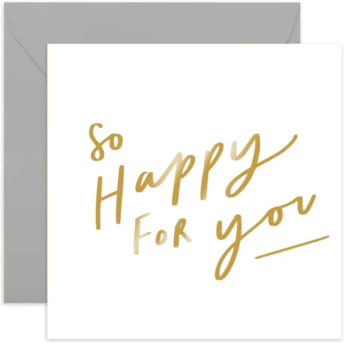 Old English Co. Tarjeta So Happy For You – Tarjeta de felicitación de lámina dorada para hombres y mujeres | Nuevo hogar, anuncio de bebé, trabajo,