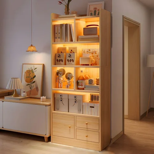 Miniatura 16 de Estantería moderna con cajones y armario de almacenamiento de madera con parte trasera cerrada, estantería independiente para oficina en casa, sin