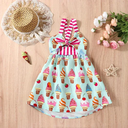 Miniatura 8 de Falda de verano para niñas pequeñas, con estampado de heladodinosaurio, sin mangas, correa sin espalda, vestido de 1 a 6 años