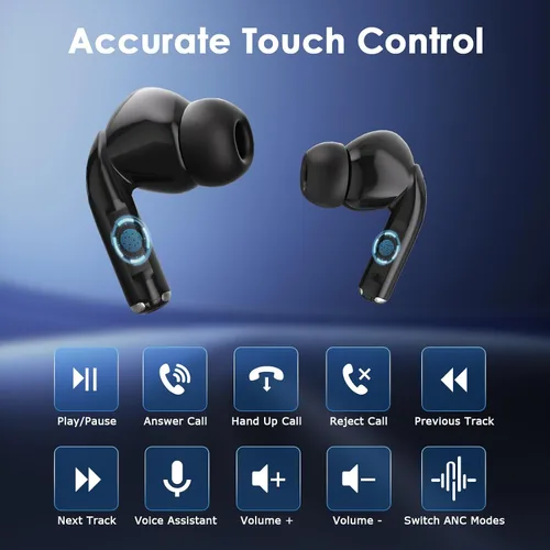 Miniatura 9 de Auriculares inalámbricos, auriculares Bluetooth 5.3 con reducción de ruido ENC/ANC, pantalla LED de potencia, control táctil, resistentes al agua