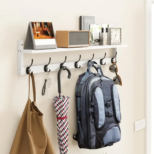 Miniatura 6 de BAMEOS Ganchos de pared de 35" L con estante, ganchos para abrigos de entrada, estante de madera para colgar en la pared, perchero montado en pared