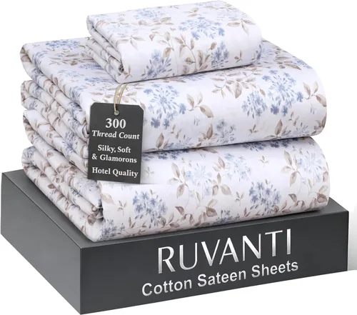 Miniatura 23 de RUVANTI Juego de sábanas de 100 % algodón tamaño matrimonial, tejido de satén suave y sedoso de 300 hilos, refrescante, ligero y transpirable, Beige