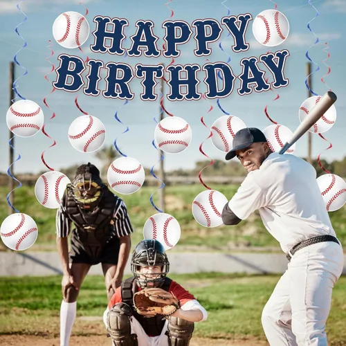 Miniatura 2 de KORHONEN Decoraciones de fiesta de cumpleaños de béisbol, pancarta de feliz cumpleaños y espirales colgantes para decoraciones de fiesta temática