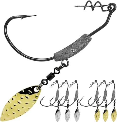 Miniatura 8 de Ganchos de natación con peso, 6 anzuelos Underspin Swimbait con Twistlock, ganchos de manivela con peso con cuchillas giratorias doradas/plateadas