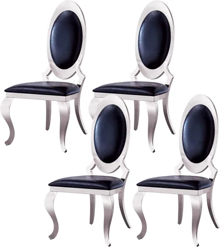 Miniatura 10 de Juego de 6 sillas de comedor modernas tapizadas de cuero con patas de acero inoxidable plateadas, sillas de cocina contemporáneas sin brazos