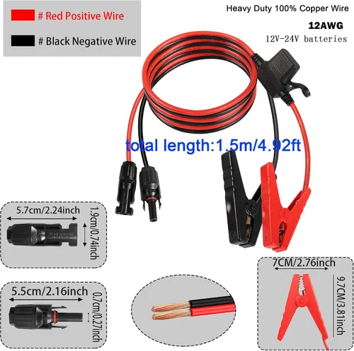 Miniatura 7 de QIANRENON Cable de conector de panel solar 12AWG Conector de panel solar a clip de batería, cable de extensión de cocodrilo a conectores solares