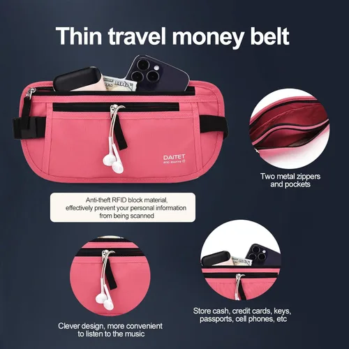 Miniatura 67 de DAITET Cinturón de dinero, soporte para pasaporte, cartera de viaje oculta segura con bloqueo RFID, riñonera encubierta (negro), Negro, Rfid