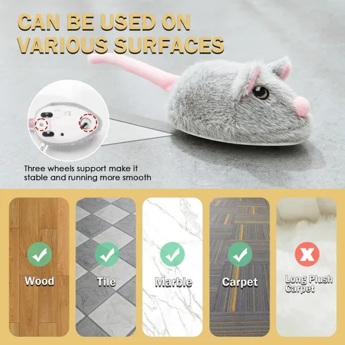 Miniatura 3 de Cat Toys - Ratón móvil recargable chirriante con cola mágica dinámica, mouse de juego automático interactivo para gatos de interior, juguetes Gris