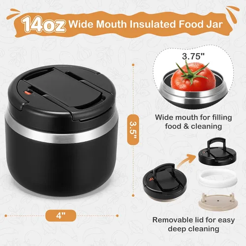 Miniatura 2 de MAXSO Tarro de comida aislado al vacío de 14 onzas con tapa de hebilla de cuchara, termo de sopa para niños para comida caliente, boca ancha, Negro