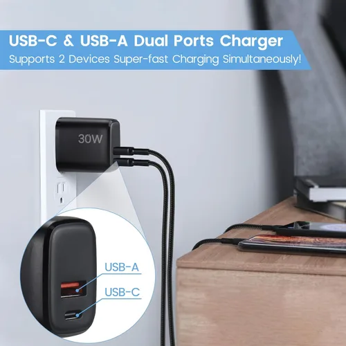 Miniatura 6 de Cargador rápido USB C PD de 30 W para DJI Neo, Mini 4K, 2 SE, 4 Pro, Air 2S, Avata 2 Drones, USB de doble puerto + cargador de pared tipo C con Negro
