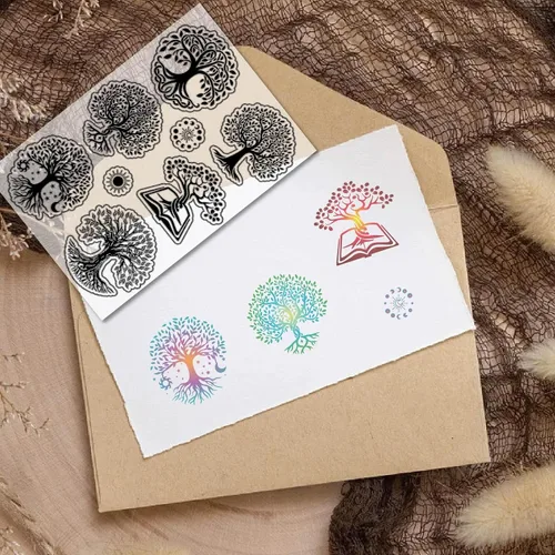 Miniatura 5 de CRASPIRE Sellos transparentes de árbol de la vida, diseño de árbol de la vida, sol y fase lunar, reutilizables, sellos de silicona transparente