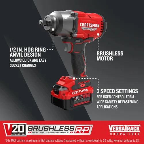 Miniatura 3 de CRAFTSMAN Llave de impacto V20 RP, inalámbrica, sin escobillas, alto par, 1/2 pulgada, batería de 4Ah y cargador incluidos (CMCF940M1)
