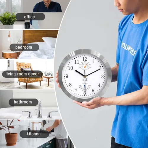 Miniatura 5 de HITO Reloj de pared silencioso de 10 pulgadas, funciona con pilas, sin tictac, con cubierta de vidrio, marco de aluminio plateado, para decoración