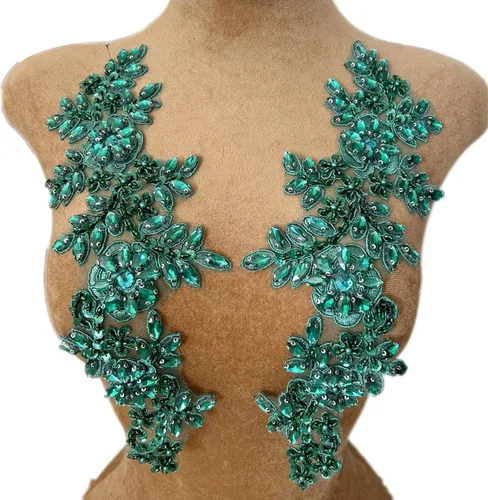 Miniatura 9 de 1 par de decoraciones de vestido de novia de 5.1 x 13.4 in, parches de encaje para coser con cuentas de diamantes de imitación sueltas, piedras