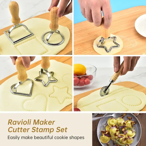 Miniatura 2 de [14 Piezas Mejoradas] Juego de Cortador de Rueda para Pasta Ravioli, Cortador Fabricador de Ravioli con Rueda Rodillo con Mango de Madera, Rueda