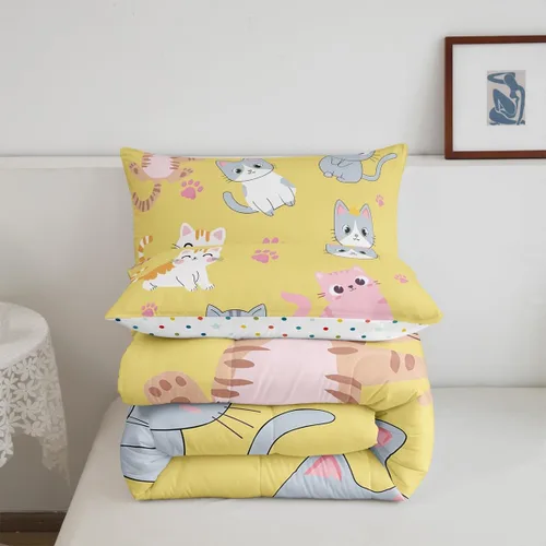 Miniatura 58 de Erosebridal Juego de ropa de cama para niños, tamaño individual, diseño de gatos de dibujos animados, para niñas, niños y adolescentes, edredón
