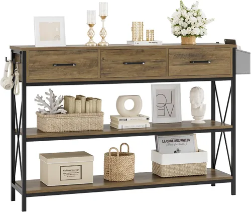 Miniatura 9 de HITHOS - Mesa de consola industrial con cajones, mesa vintage para vestíbulo con estantes de almacenamiento, mesa estrecha y larga para entrada al