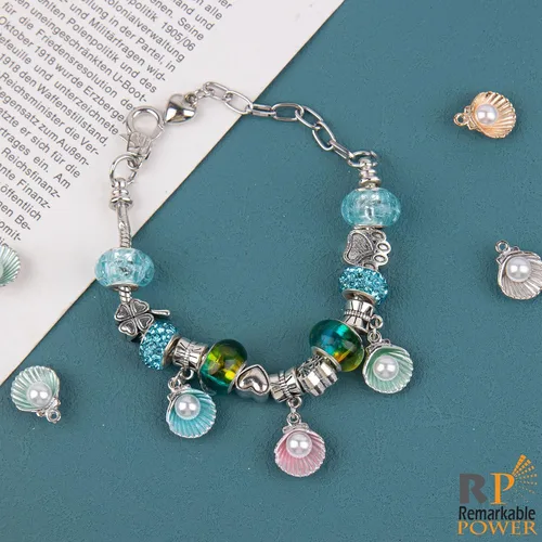 Miniatura 5 de Paquete de 60 dijes esmaltados de concha de almeja con perlas acrílicas para pulseras, aretes, fabricación de joyas, manualidades