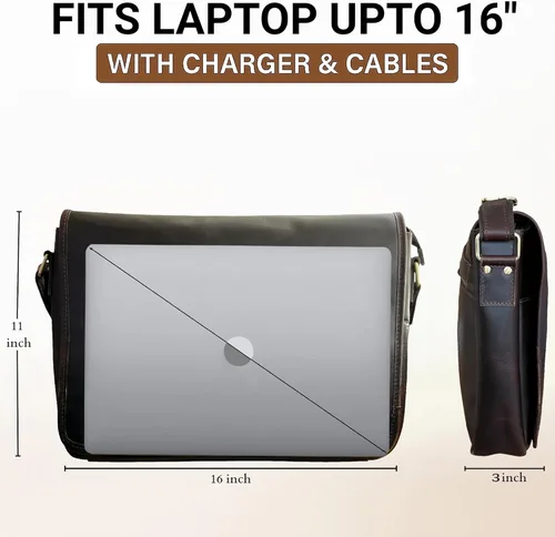 Miniatura 4 de Bolso de mensajero de cuero para hombre, 16 pulgadas, de grano completo, para laptop, vintage, cruzado, oficina, bolso de viaje Marrón oscuro