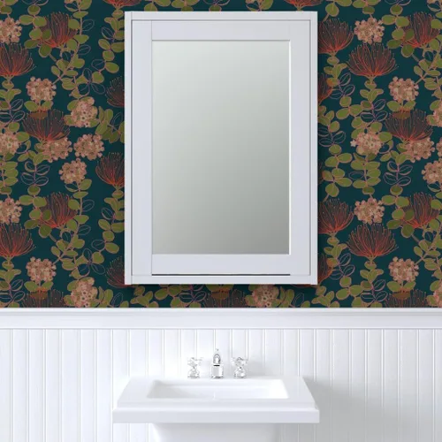 Miniatura 9 de Muestro de papel tapiz extraíble, diseño botánico oscuro hawaiano, flores florales hawaianas, color rojo, verde azulado, tropical mojado, papel