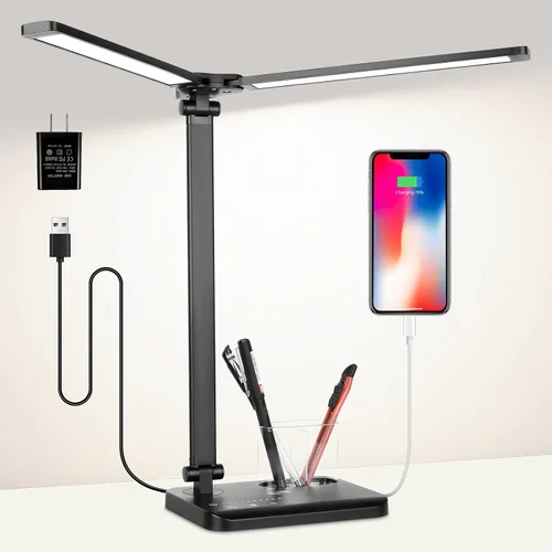 Woputne Lámpara LED de escritorio con doble cabezal, 5 modos de color y 10 niveles de brillo, luz de lectura ajustable para oficina en casa,