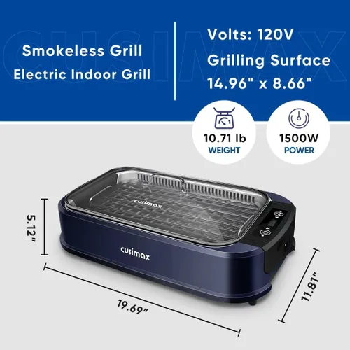 Miniatura 6 de Parrilla eléctrica para interiores CUSIMAX, parrilla coreana sin humo portátil con tecnología de extractor de humo turbo, placa extraíble y Azul