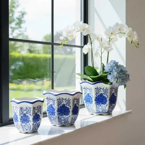 Miniatura 4 de Galt International Macetas decorativas de cerámica de porcelana floral azul y blanca 8"/6"/4.5" pulgadas, macetas de jardín con diseño chino Azul