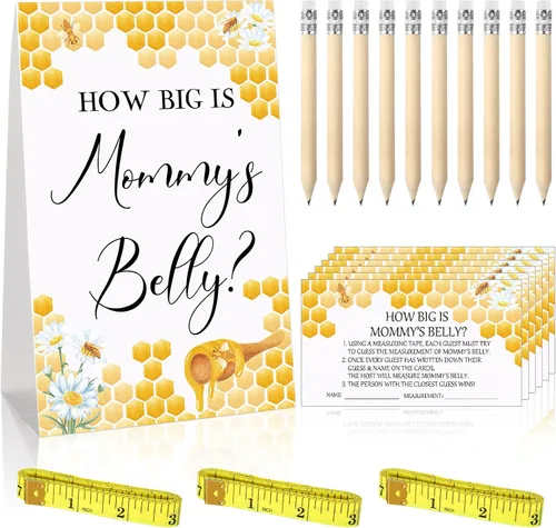 Miniatura 22 de Sabary 64 Piezas Juegos de Baby Shower Incluyen Letrero How Big is Mommy's Belly Sign Measure Bump Game 50 Tarjetas 10 Lápices 3 Cintas Métricas