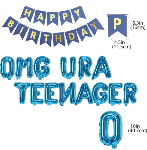 Miniatura 5 de Decoraciones de cumpleaños número 13 azul para niños, pancarta OMG UR A Teenager Happy 13th Birthday Banner número 13 globos de papel de aluminio