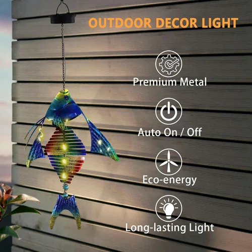 Miniatura 5 de Luces solares de peces para exteriores, faroles colgantes de metal, luces decorativas para patio trasero, porche, patio, balcón, tipi, camino.